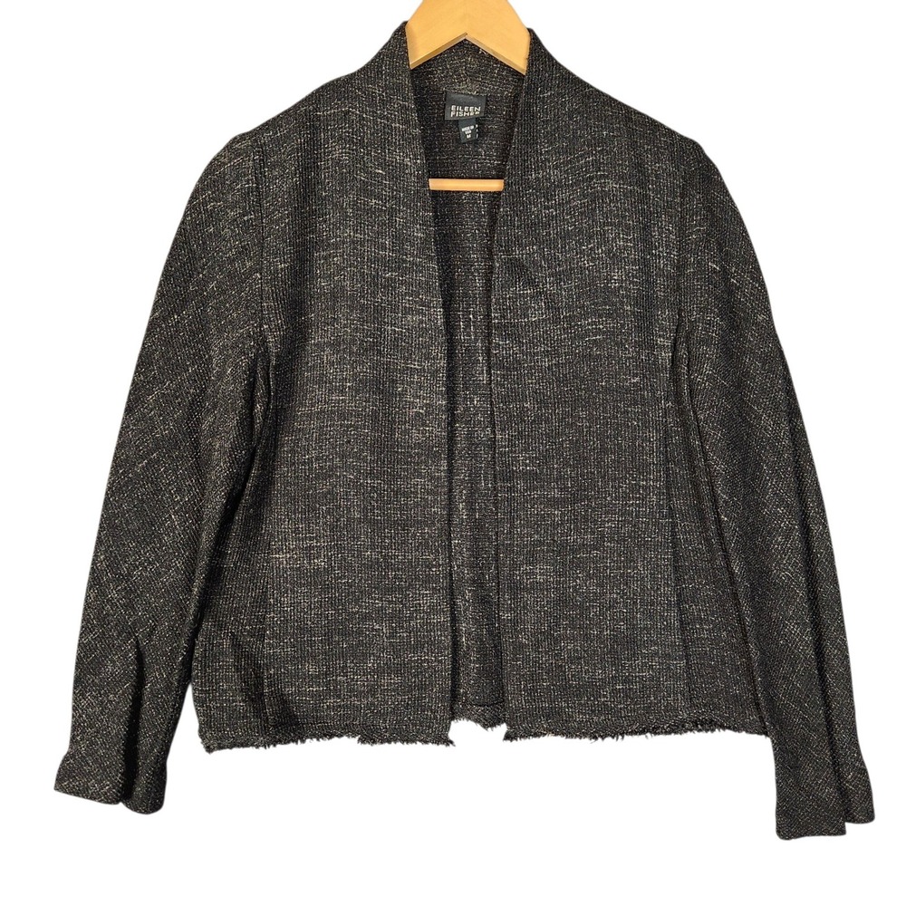 Eileen Fisher Open Front Jacket M Black Textured Tweed Fringed Hem Minimalist